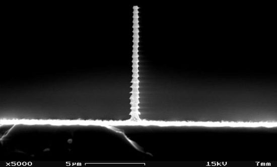 Zdjęcie ze skaningowego mikroskopu elektronowego (SEM) pojedynczej "igły" krzemu po głębokim procesie reaktywnego trawienia jonowego (z ang. deep reactive-ion etching, DRIE).